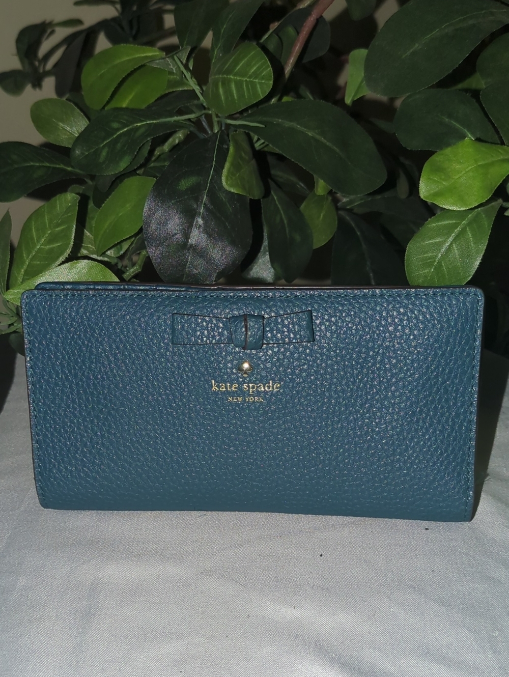 kate spade Teal Pebbled Leather Bow Continental Wallet